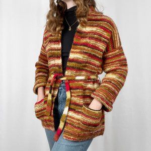 Vintage Handmade Autumnal Sunset Wool Belted Cardigan Sweater Chunky Knit Hippie